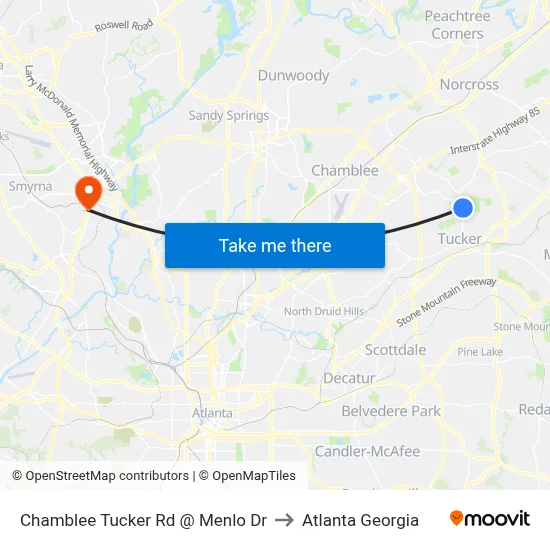 Chamblee Tucker Rd @ Menlo Dr to Atlanta Georgia map