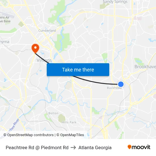 Peachtree Rd @ Piedmont Rd to Atlanta Georgia map