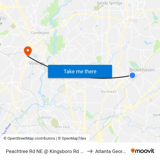 Peachtree Rd NE @ Kingsboro Rd NE to Atlanta Georgia map