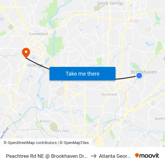 Peachtree Rd NE @ Brookhaven Dr NE to Atlanta Georgia map