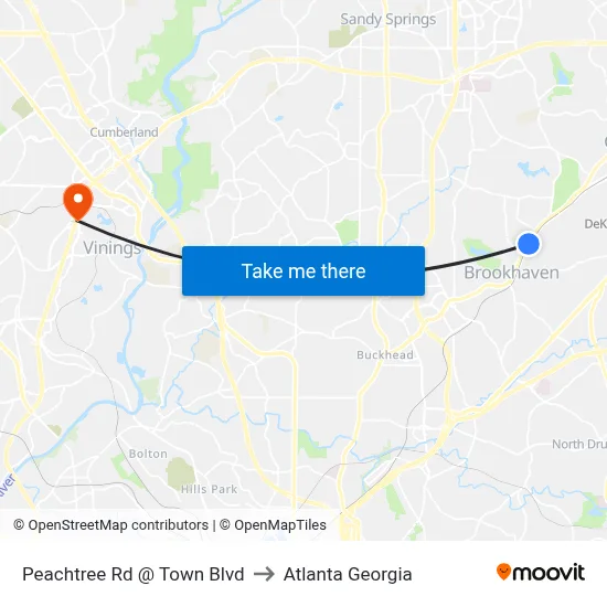 Peachtree Rd @ Town Blvd to Atlanta Georgia map