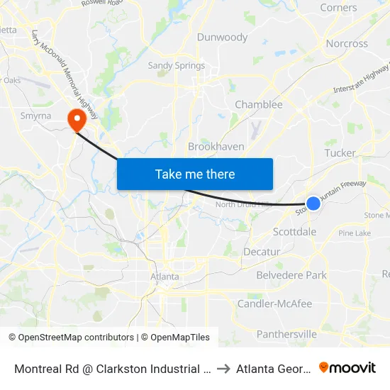 Montreal Rd @ Clarkston Industrial Blvd to Atlanta Georgia map