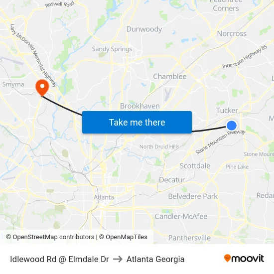 Idlewood Rd @ Elmdale Dr to Atlanta Georgia map