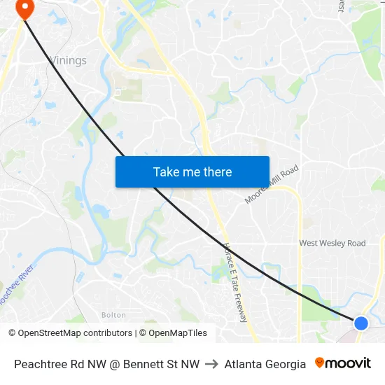 Peachtree Rd NW @ Bennett St NW to Atlanta Georgia map