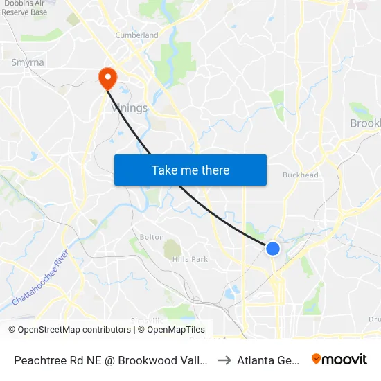 Peachtree Rd NE @ Brookwood Valley Cir NE to Atlanta Georgia map