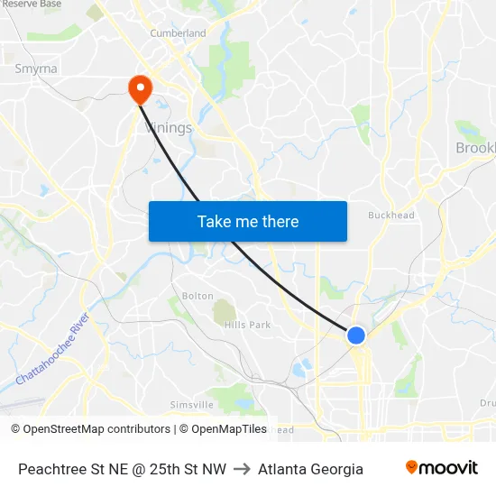 Peachtree St NE @ 25th St NW to Atlanta Georgia map