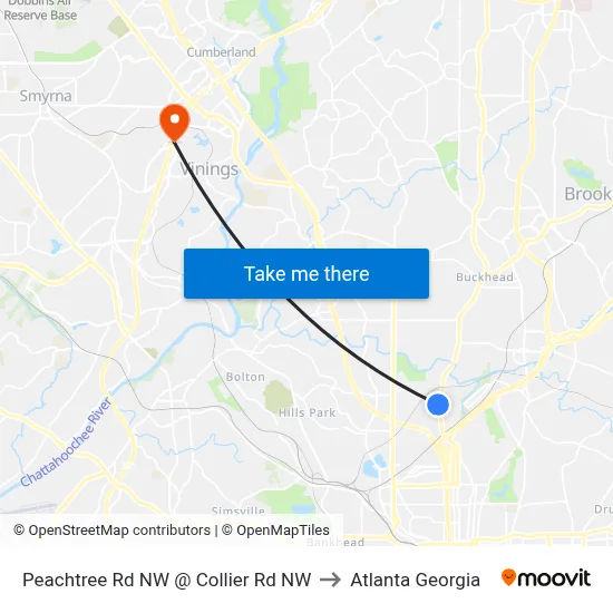 Peachtree Rd NW @ Collier Rd NW to Atlanta Georgia map