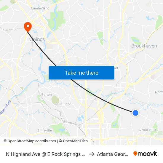 N Highland Ave @ E Rock Springs Rd to Atlanta Georgia map