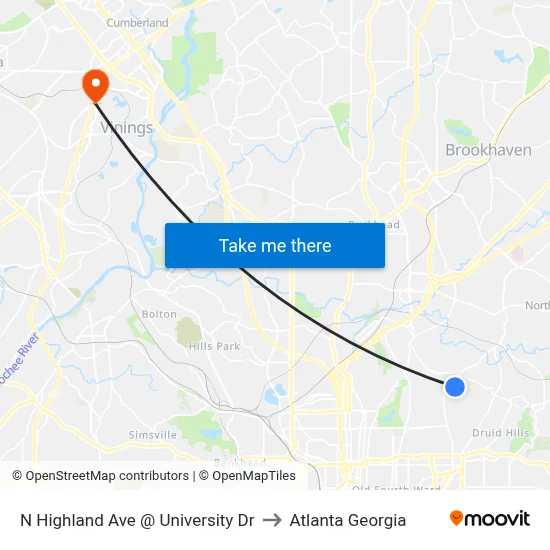N Highland Ave @ University Dr to Atlanta Georgia map