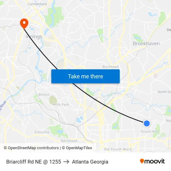 Briarcliff Rd NE @ 1255 to Atlanta Georgia map
