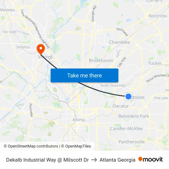 Dekalb Industrial Way @ Milscott Dr to Atlanta Georgia map