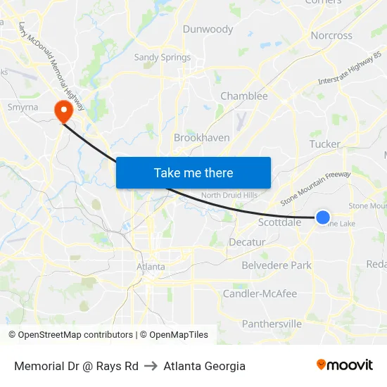 Memorial Dr @ Rays Rd to Atlanta Georgia map