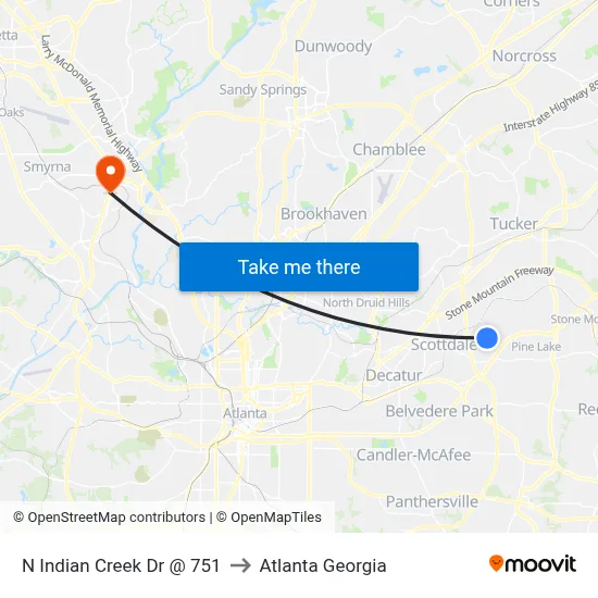 N Indian Creek Dr @ 751 to Atlanta Georgia map
