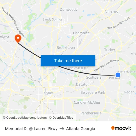 Memorial Dr @ Lauren Pkwy to Atlanta Georgia map
