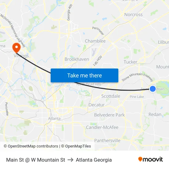 Main St @ W Mountain St to Atlanta Georgia map