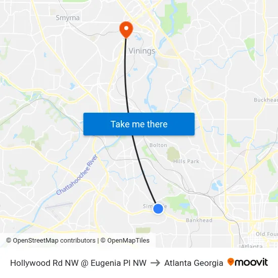 Hollywood Rd NW @ Eugenia Pl NW to Atlanta Georgia map