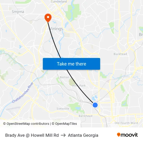 Brady Ave @ Howell Mill Rd to Atlanta Georgia map