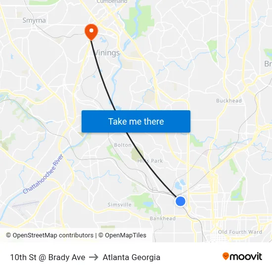 10th St @ Brady Ave to Atlanta Georgia map