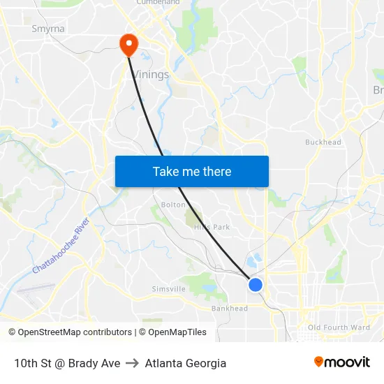 10th St @ Brady Ave to Atlanta Georgia map