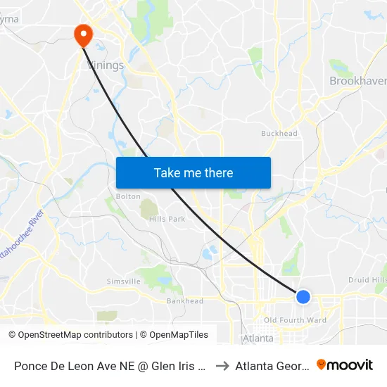 Ponce De Leon Ave NE @ Glen Iris Dr NE to Atlanta Georgia map
