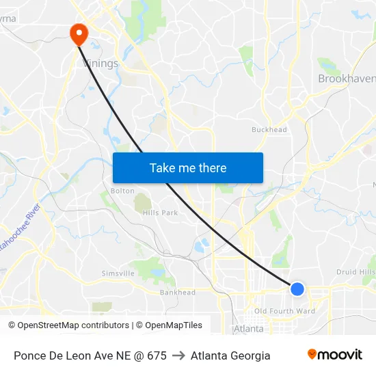 Ponce De Leon Ave NE @ 675 to Atlanta Georgia map