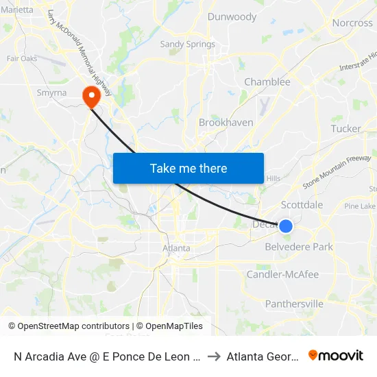 N Arcadia Ave @ E Ponce De Leon Ave to Atlanta Georgia map