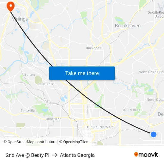 2nd Ave @ Beaty Pl to Atlanta Georgia map