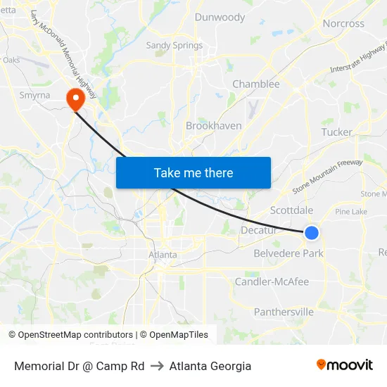 Memorial Dr @ Camp Rd to Atlanta Georgia map