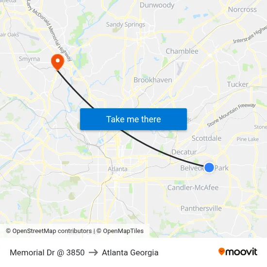 Memorial Dr @ 3850 to Atlanta Georgia map