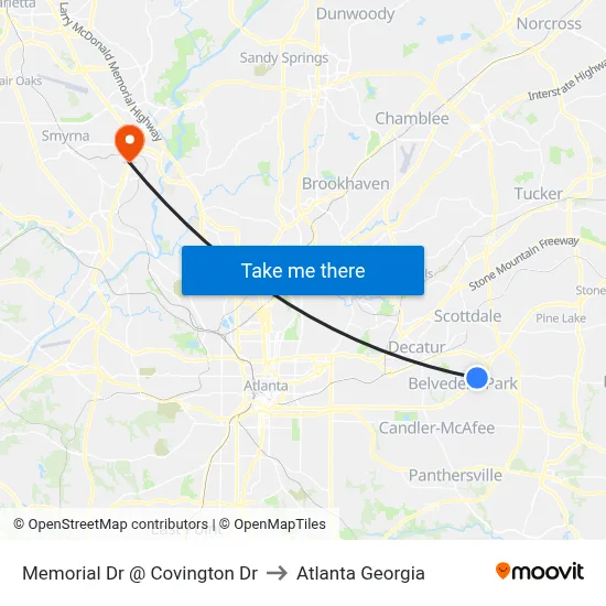 Memorial Dr @ Covington Dr to Atlanta Georgia map