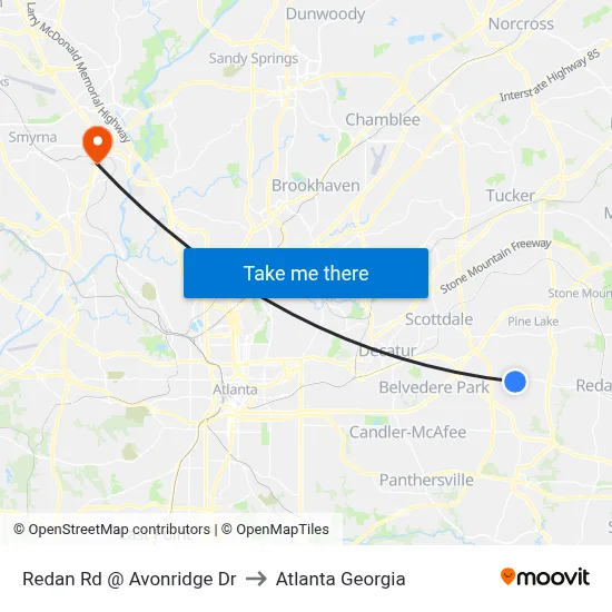 Redan Rd @ Avonridge Dr to Atlanta Georgia map