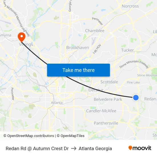 Redan Rd @ Autumn Crest Dr to Atlanta Georgia map