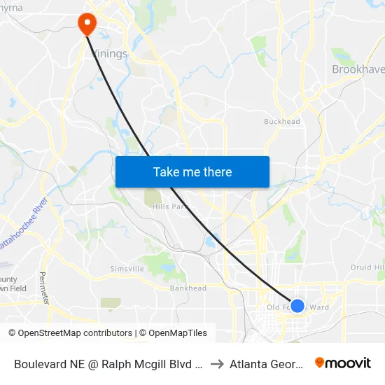 Boulevard NE @ Ralph Mcgill Blvd NE to Atlanta Georgia map