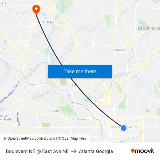 Boulevard NE @ East Ave NE to Atlanta Georgia map