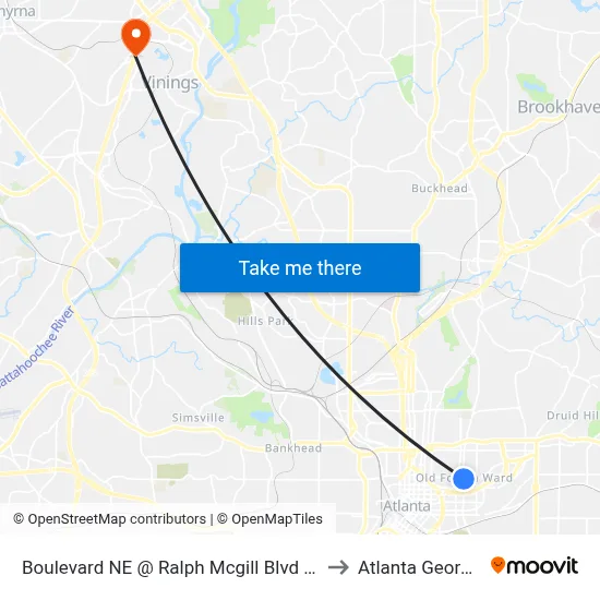 Boulevard NE @ Ralph Mcgill Blvd NE to Atlanta Georgia map