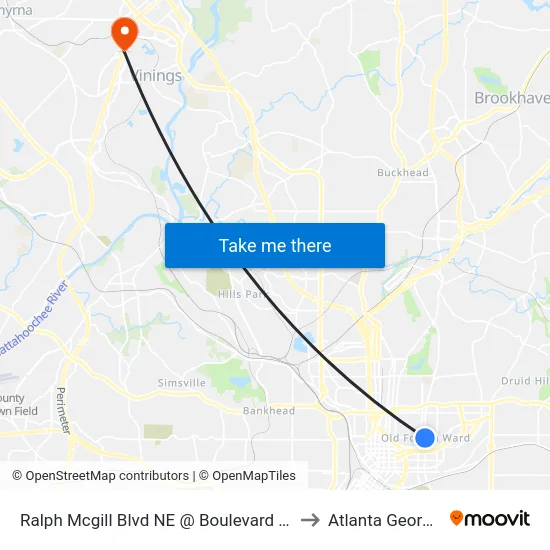 Ralph Mcgill Blvd NE @ Boulevard NE to Atlanta Georgia map