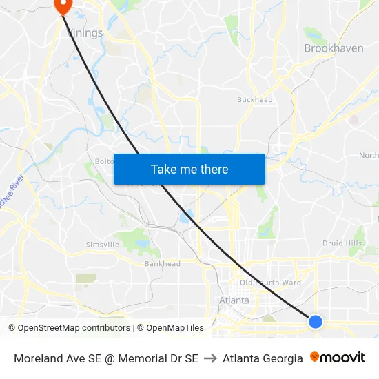 Moreland Ave SE @ Memorial Dr SE to Atlanta Georgia map