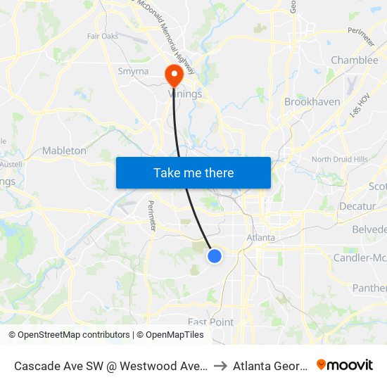 Cascade Ave SW @ Westwood Ave SW to Atlanta Georgia map