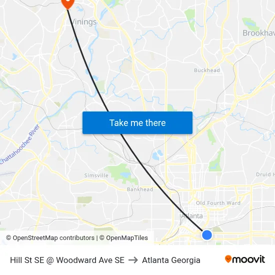Hill St SE @ Woodward Ave SE to Atlanta Georgia map