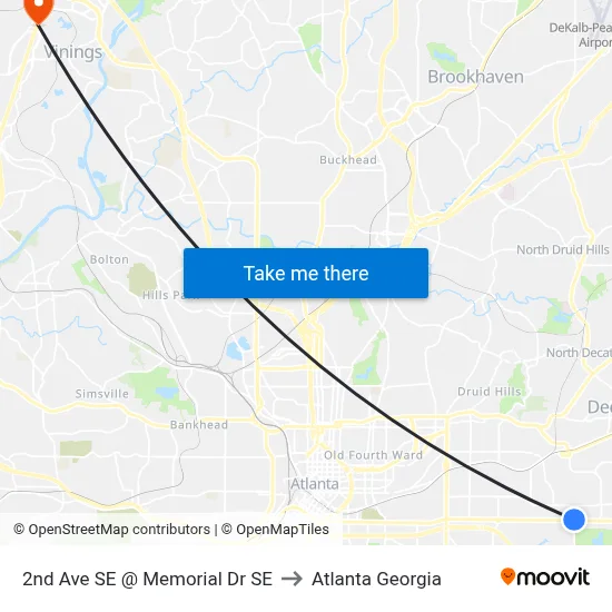 2nd Ave SE @ Memorial Dr SE to Atlanta Georgia map