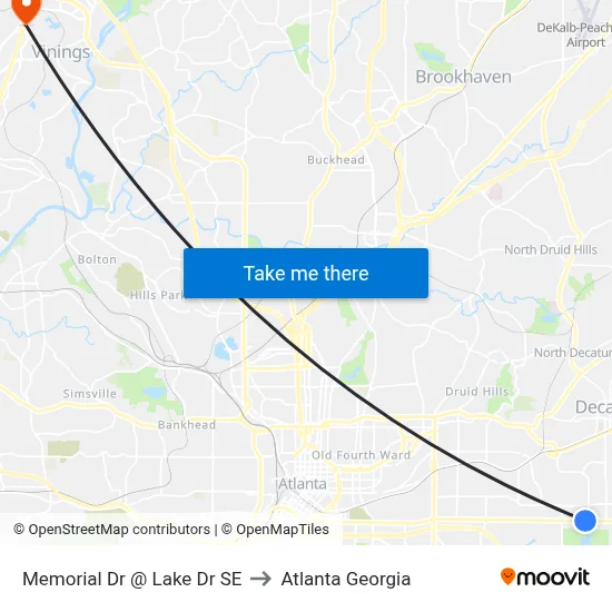 Memorial Dr @ Lake Dr SE to Atlanta Georgia map