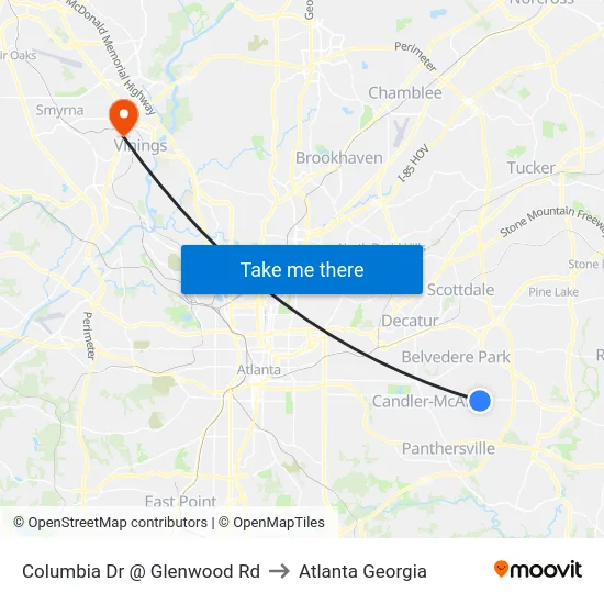 Columbia Dr @ Glenwood Rd to Atlanta Georgia map