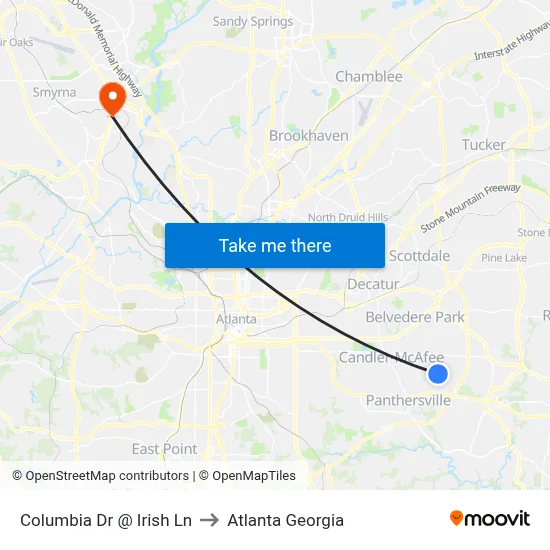 Columbia Dr @ Irish Ln to Atlanta Georgia map