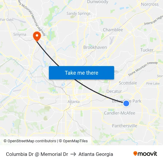 Columbia Dr @ Memorial Dr to Atlanta Georgia map
