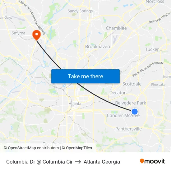 Columbia Dr @ Columbia Cir to Atlanta Georgia map