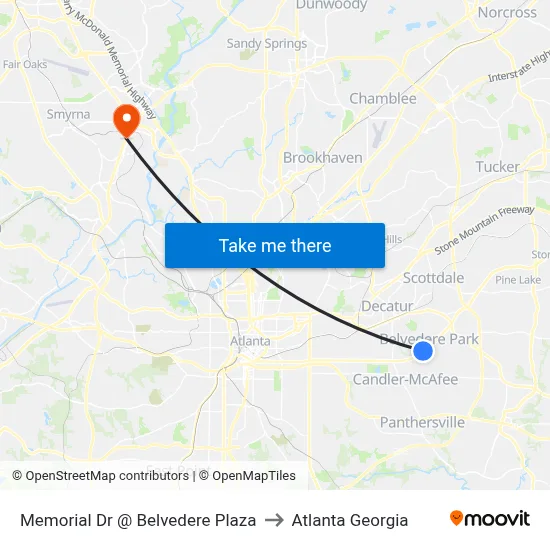 Memorial Dr @ Belvedere Plaza to Atlanta Georgia map