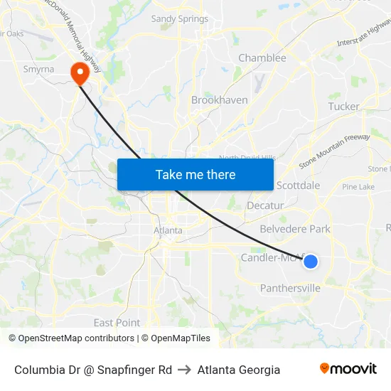 Columbia Dr @ Snapfinger Rd to Atlanta Georgia map