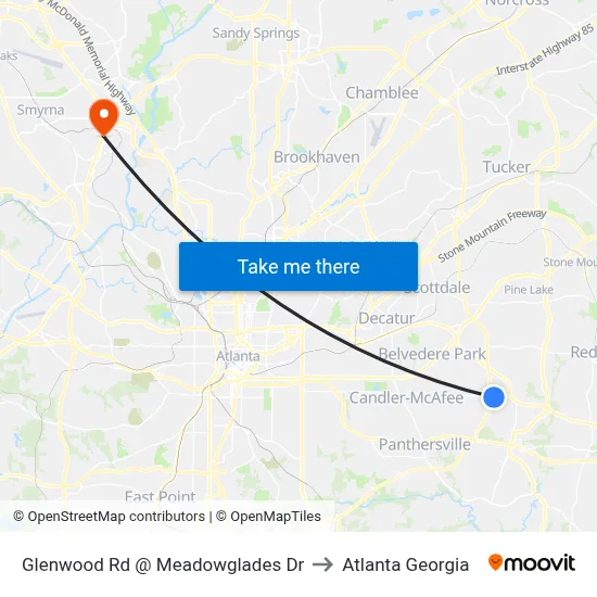 Glenwood Rd @ Meadowglades Dr to Atlanta Georgia map