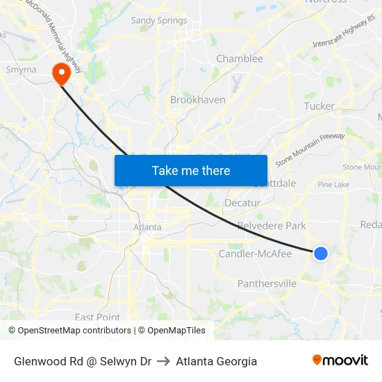 Glenwood Rd @ Selwyn Dr to Atlanta Georgia map