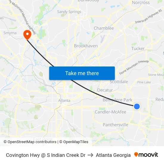 Covington Hwy @ S Indian Creek Dr to Atlanta Georgia map